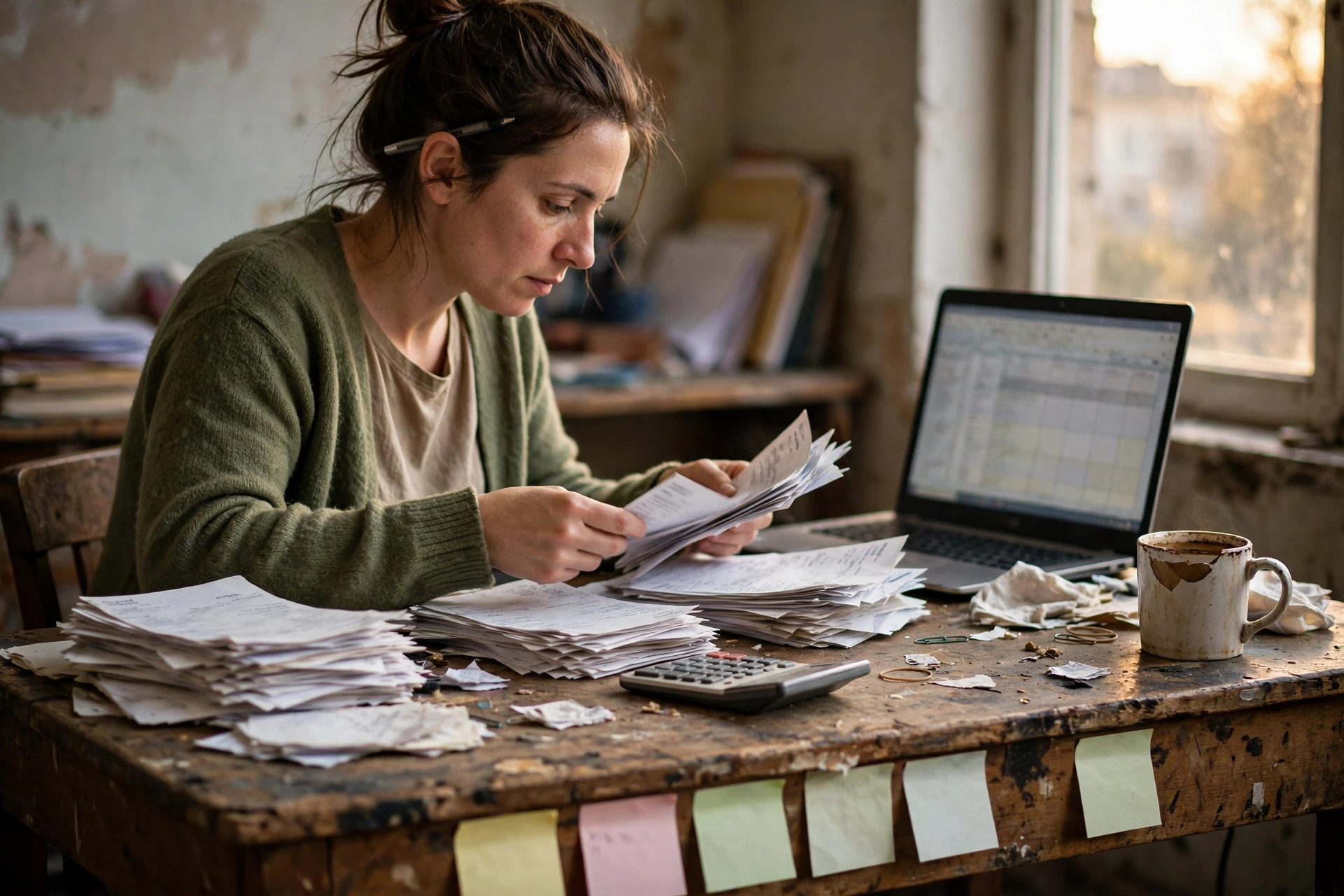 A bookkeeper mid-sort at a worn desk with paper bank statements in uneven piles, a calculator, and a laptop showing a spreadsheet